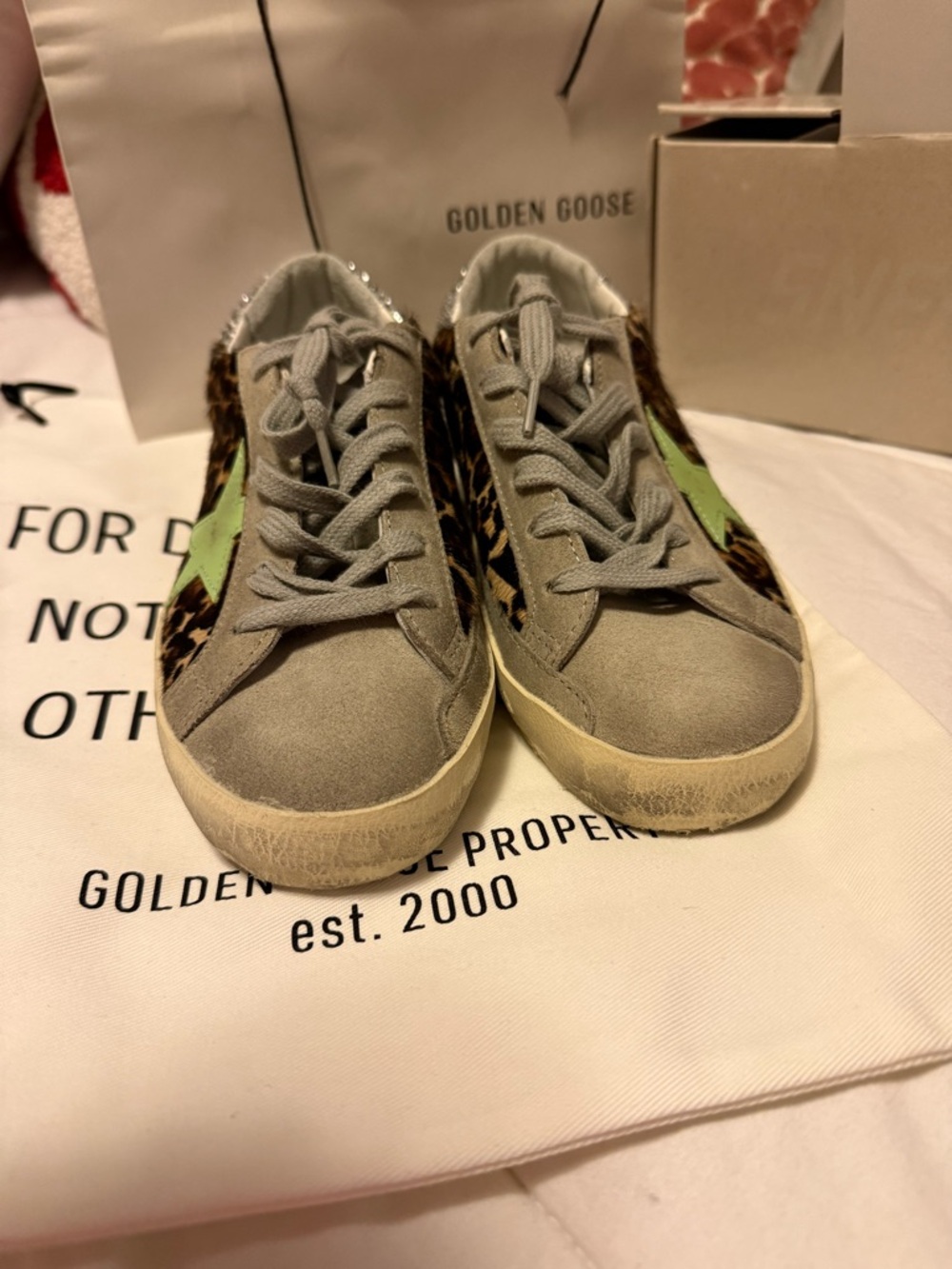 Golden Goose Leopard Print Sneakers with Green Star and Silver Heel - Picture 7 of 9